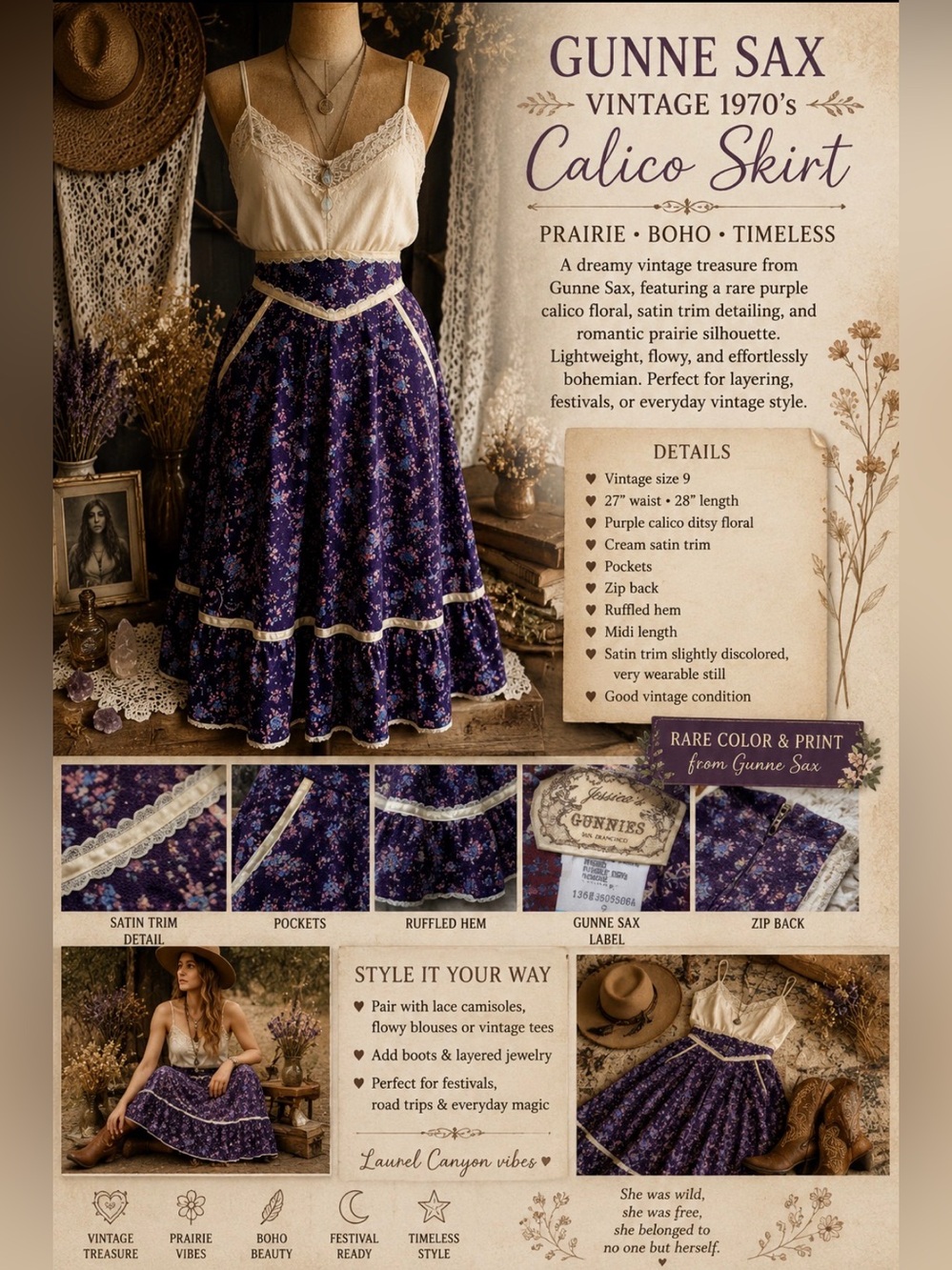 *Vintage 1970’s- Gunne Sax, purple calico skirt, satin trim, ruffled hem